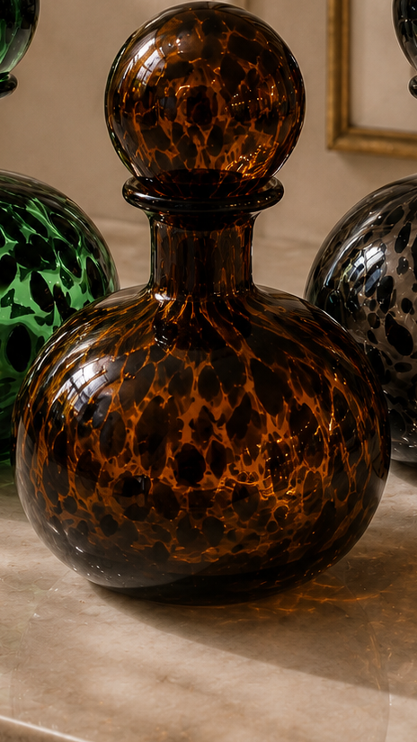 Three decorative glass bottles with leopard print patterns on a marble surface.