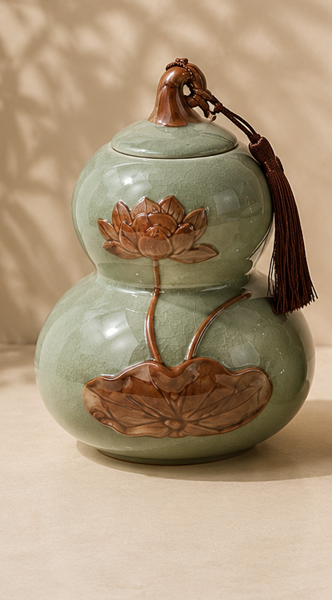 Set of four green ceramic containers with lotus designs on a beige background