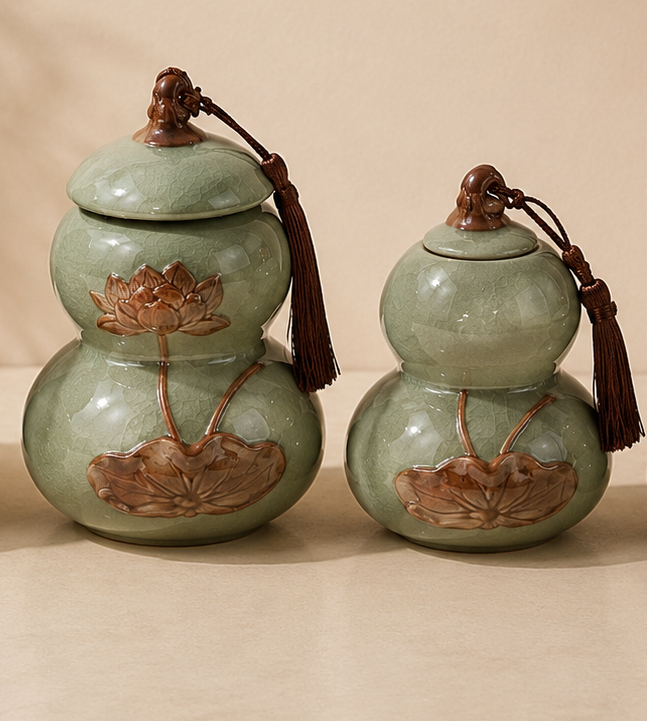 Set of four green ceramic containers with lotus designs on a beige background