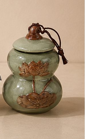 Set of four green ceramic containers with lotus designs on a beige background