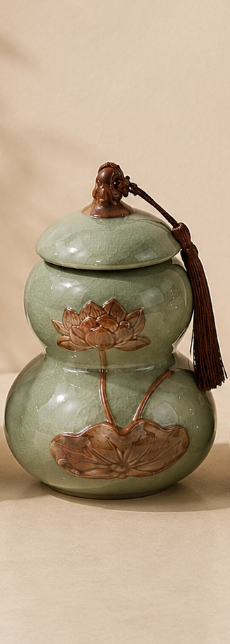 Set of four green ceramic containers with lotus designs on a beige background
