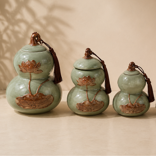 Set of four green ceramic containers with lotus designs on a beige background