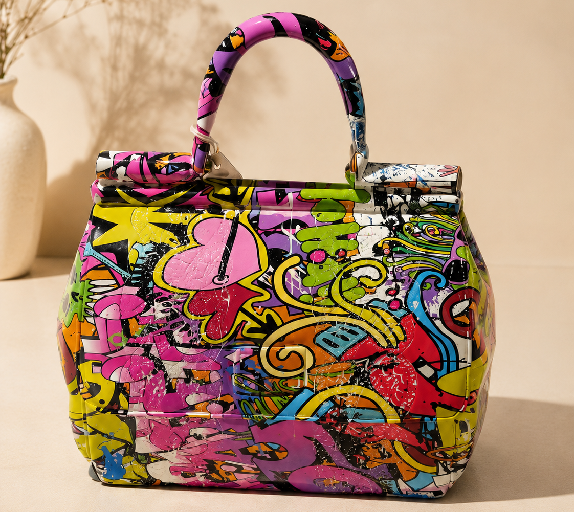 Colorful patterned handbag on a beige background