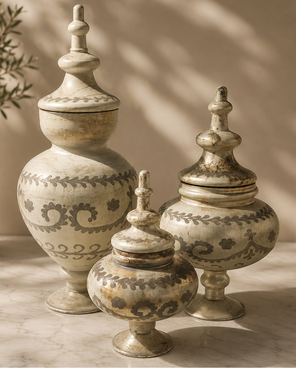 Decorative urns with intricate designs on a marble surface with a neutral background