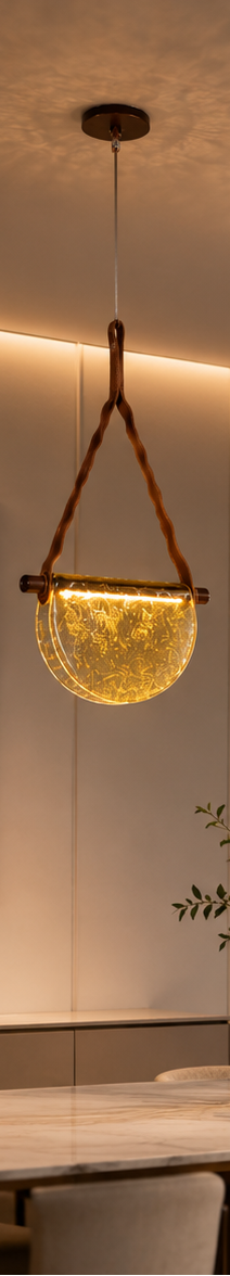 Collage of pendant lights with glass shades and wooden accents in a modern interior setting.