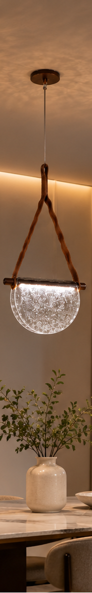 Collage of pendant lights with glass shades and wooden accents in a modern interior setting.