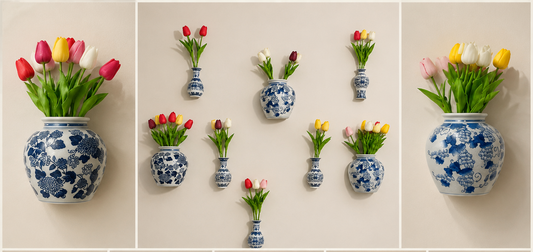 Collage of blue and white wall vases with tulips against a beige background
