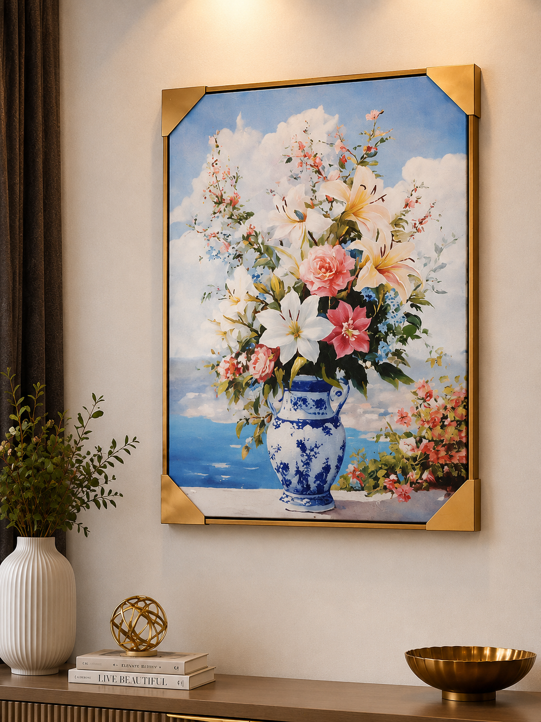 Floral painting with a blue vase on a wall in a room with decor elements.