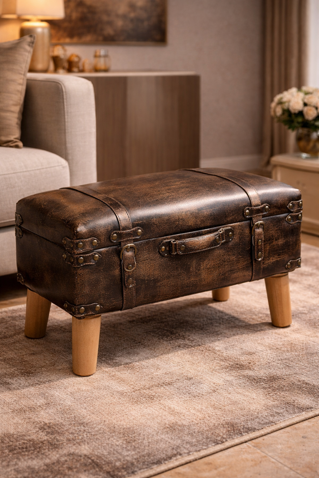 Brown leather ottoman with wooden legs in a living room setting