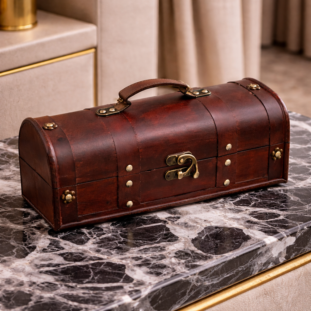 Brown leather jewelry box with brass accents on a marble surface
