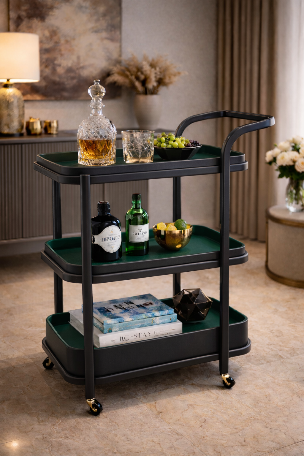 Ora Triple-Tier Leather Trolley Tray