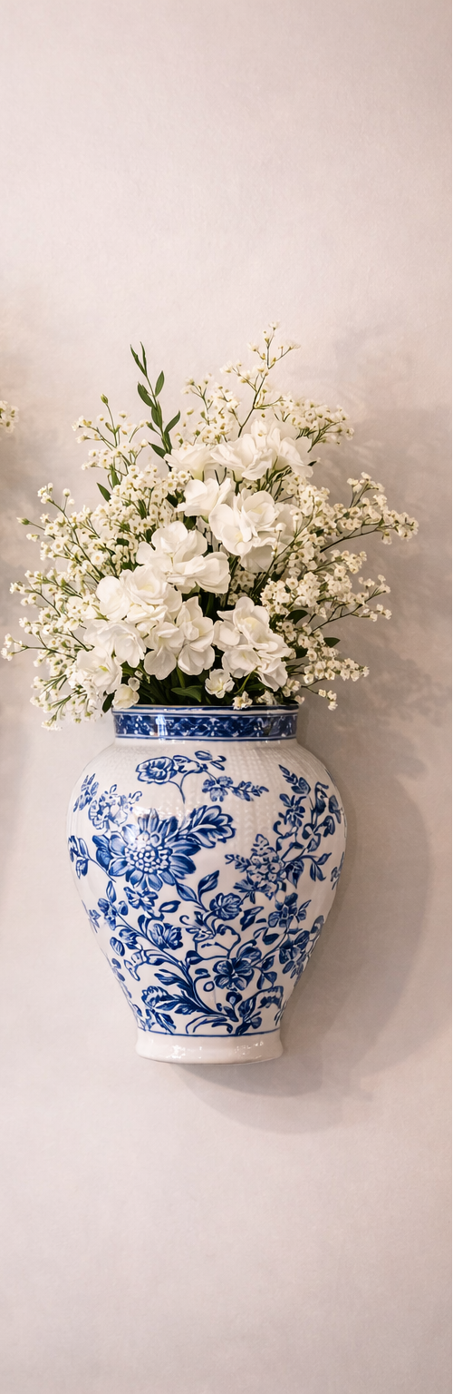 Two blue and white floral vases with white flowers on a light gray wall.
