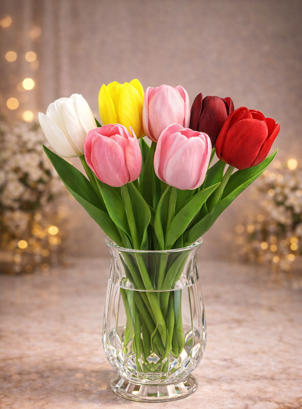 Bouquet of colorful tulips in a clear vase on a wooden surface with a blurred background.
