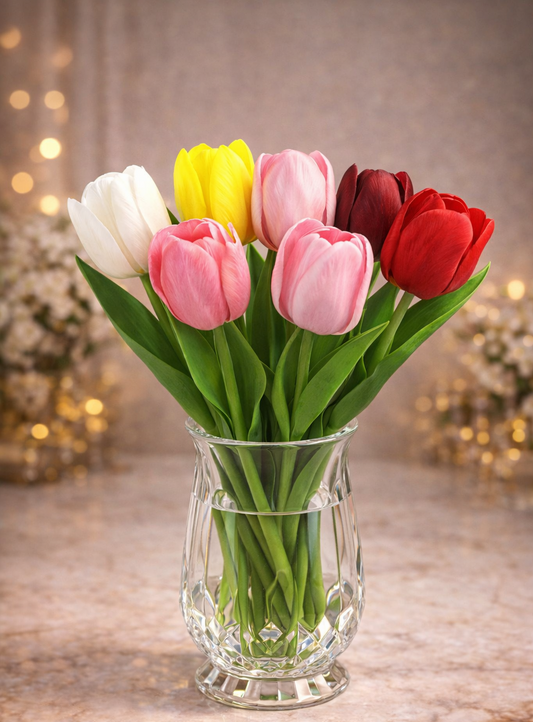 Bouquet of colorful tulips in a clear vase on a wooden surface with a blurred background.