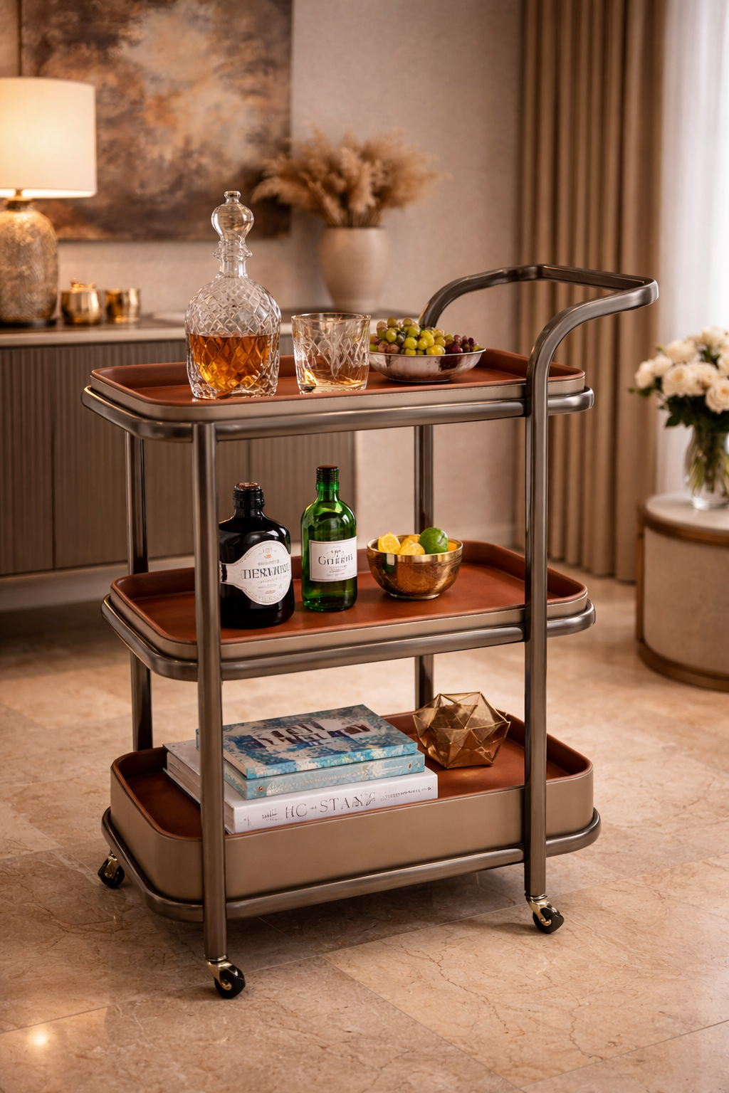 Ora Triple-Tier Leather Trolley Tray
