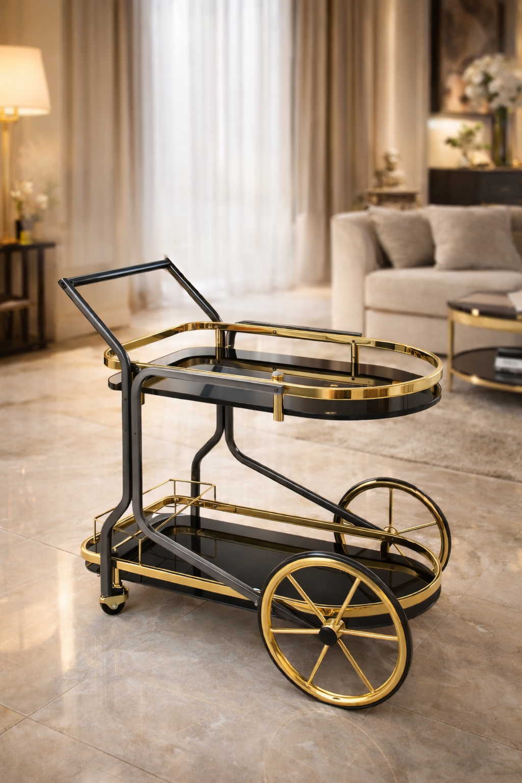 Decorative bar cart with gold accents in a living room setting