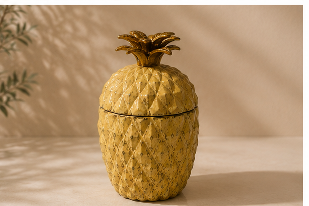 Collage of a pineapple-shaped container with a lid on a neutral background