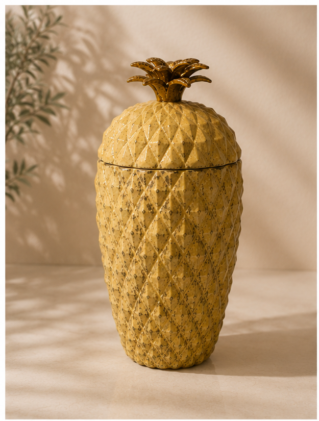 Collage of a pineapple-shaped container with a lid on a neutral background