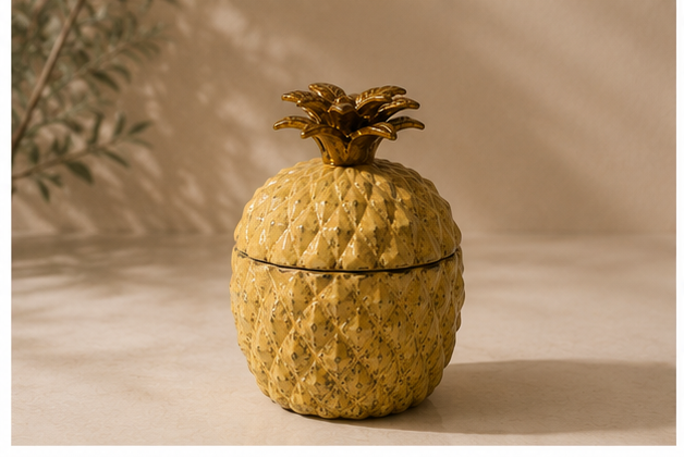 Collage of a pineapple-shaped container with a lid on a neutral background