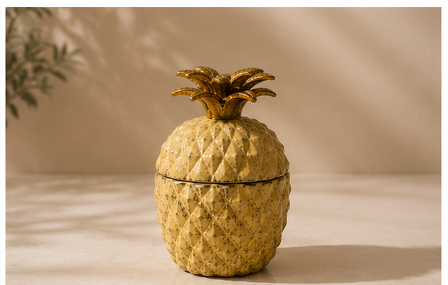 Collage of a pineapple-shaped container with a lid on a neutral background