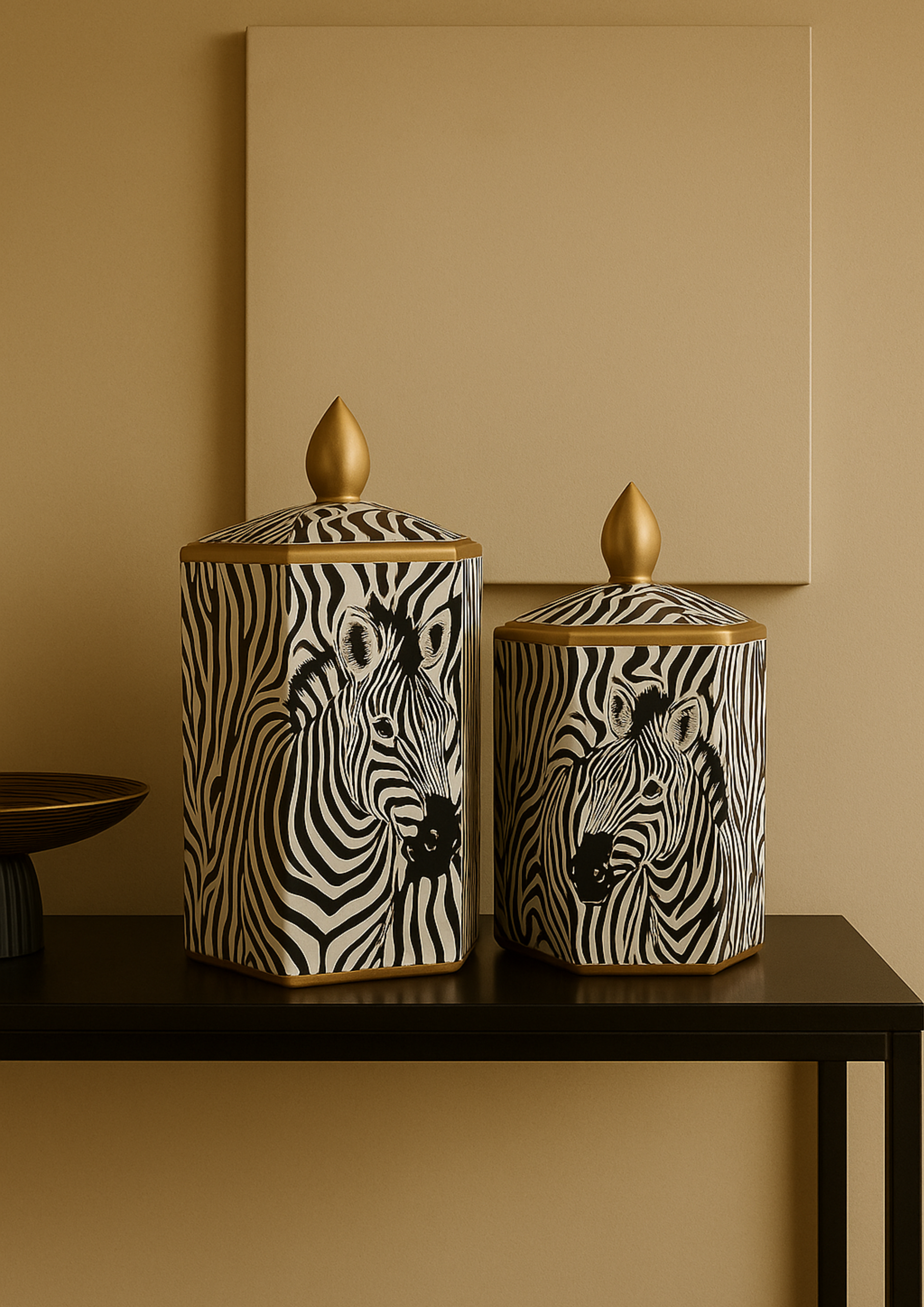 Two zebra-patterned jars with gold accents on a dark surface against a beige wall.