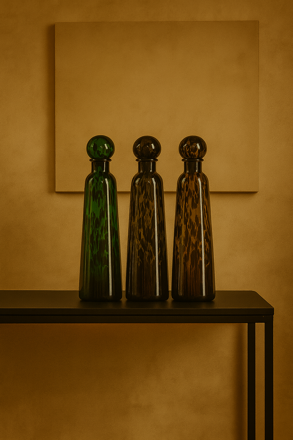 Three glass bottles on a table against a beige wall