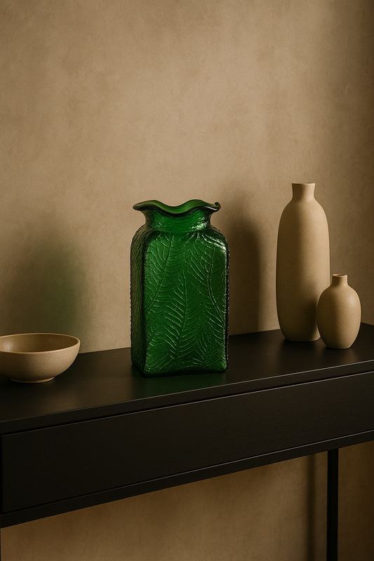 Green textured vase on a black surface with beige vases in the background against a beige wall.