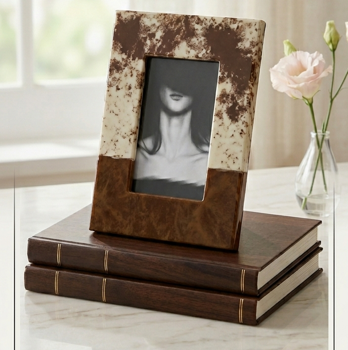 Decorative photo frame with cowhide texture on a stack of books, placed on a marble surface with a blurred background.