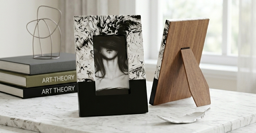 Two photo frames on a marble surface with books and decor items.