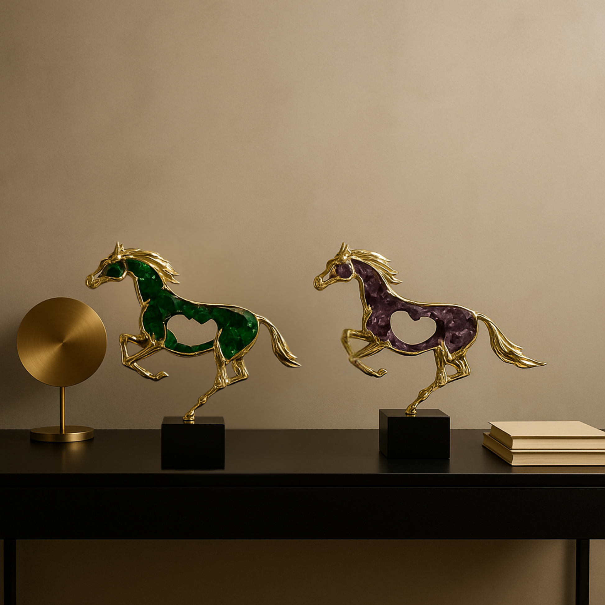 Two decorative horse sculptures on a table with a beige wall background