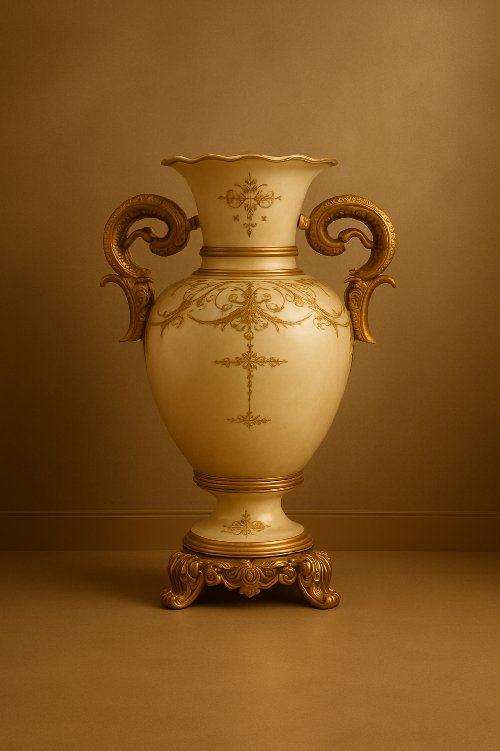 Decorative vase with gold accents on a beige background
