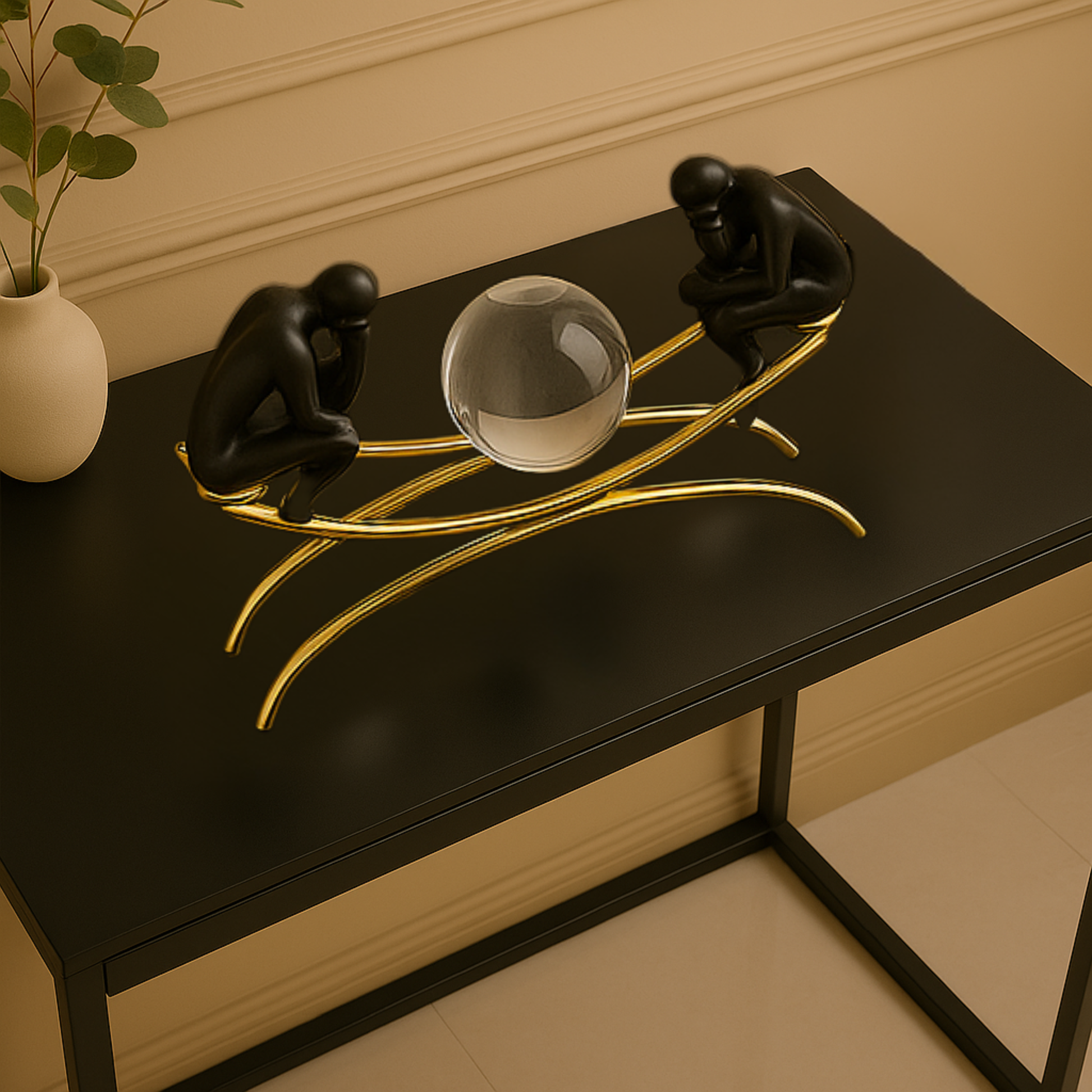 Decorative table with black sculptures, a clear glass ball, and gold accents against a beige wall.