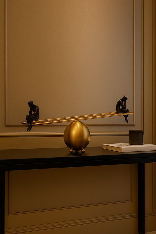 Decorative setup with a gold sculpture on a stand against a beige wall.