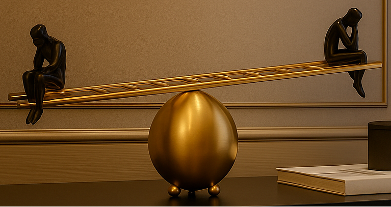 Decorative items including a gold sculpture and black figures on a shelf against a beige wall.