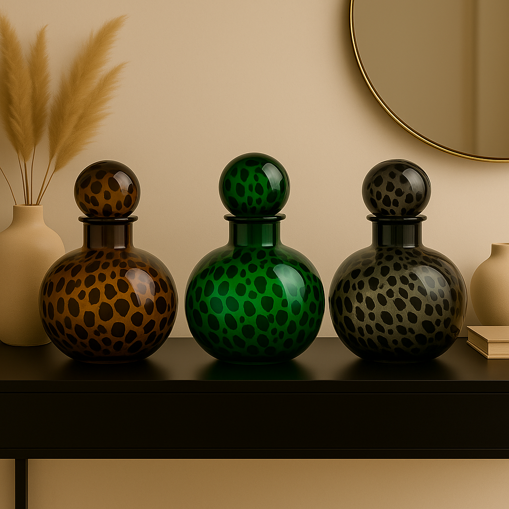 Three decorative bottles with leopard print tops on a shelf against a beige wall.