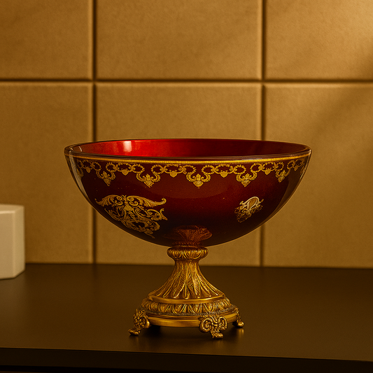 Decorative red bowl with gold patterns on a dark surface against a beige tiled wall.