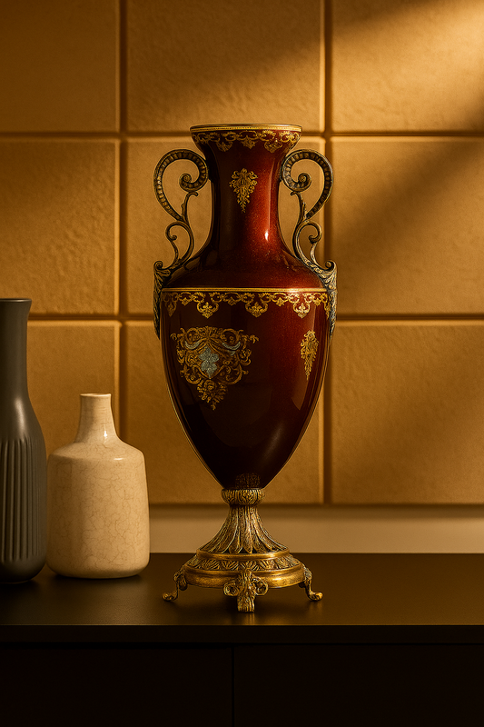 Decorative vase with gold accents on a wooden surface against a tiled wall.