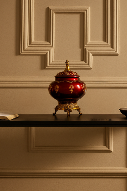 Decorative red urn with gold accents on a wooden surface against a beige wall.