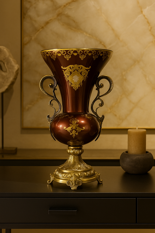 Decorative vase with intricate designs on a wooden surface.