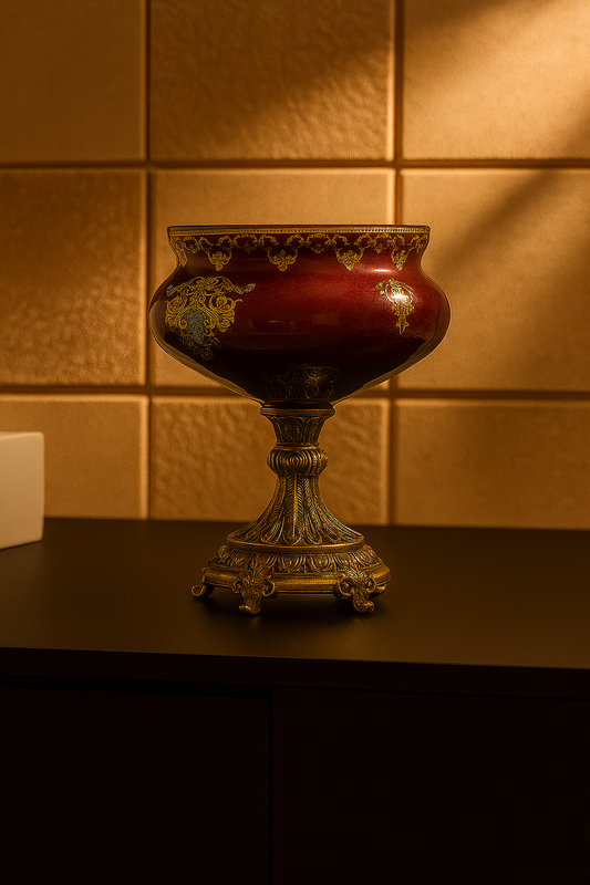 Decorative red urn with gold accents on a dark surface against a tiled wall.