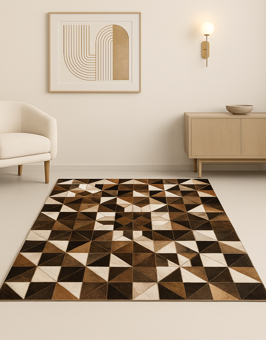 Geometric patterned rug in a living room with 'DSYN' branding.