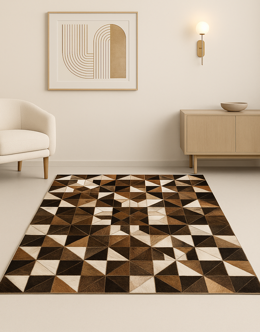 Geometric patterned rug in a living room with 'DSYN' branding.