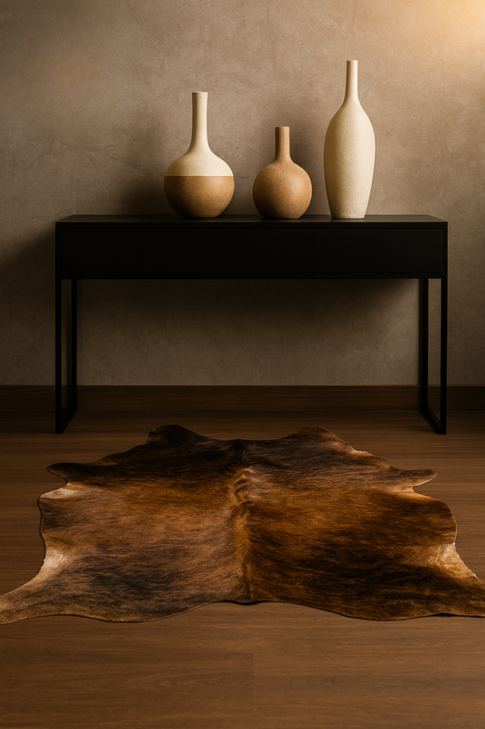 Three ceramic vases on a black console table with a cowhide rug in the foreground.