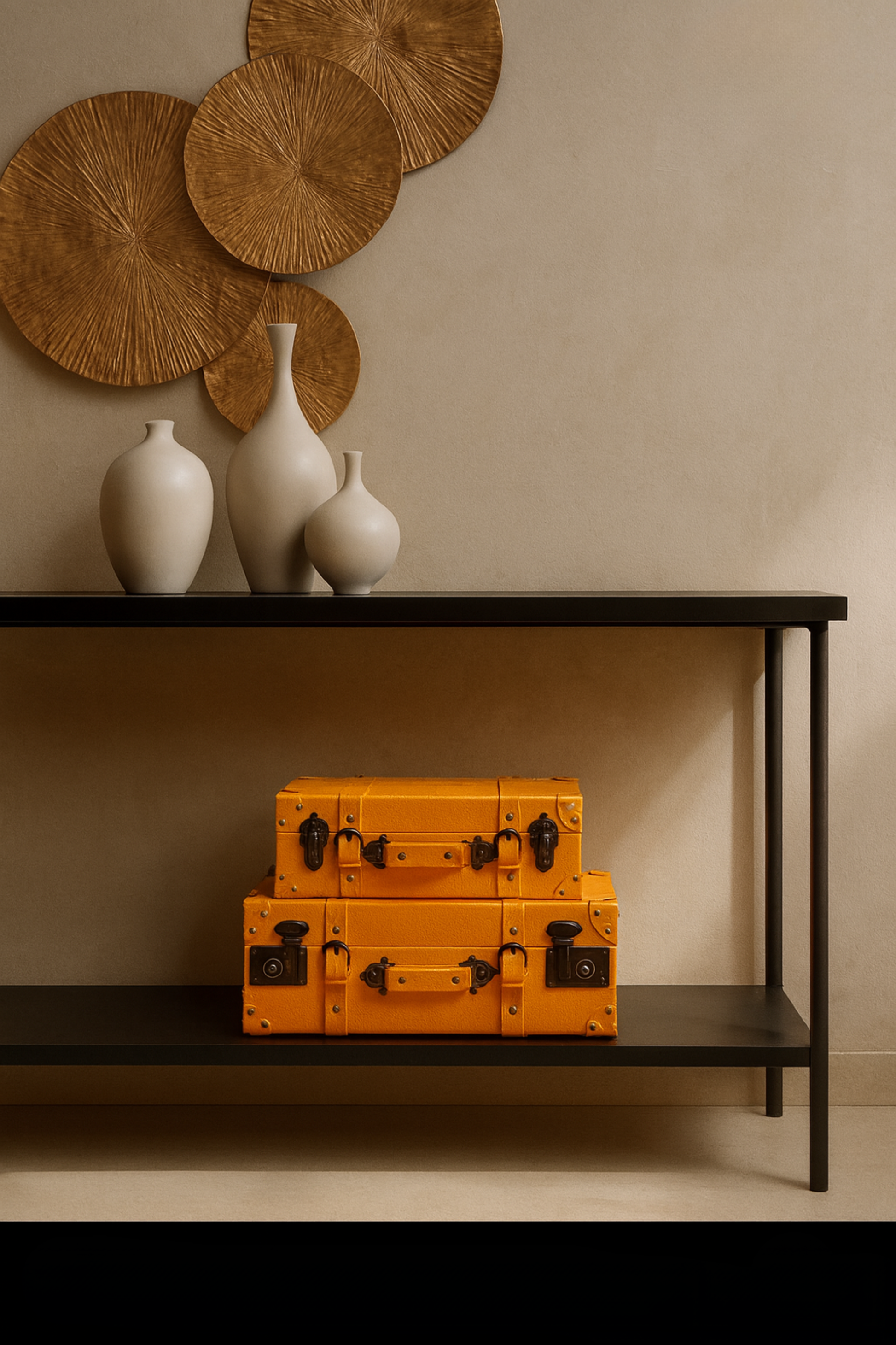 Stack of vintage orange suitcases on a black shelf against a beige wall with decorative vases and circular wall art.