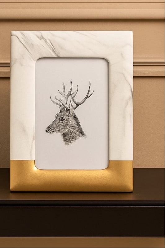Two decorative picture frames with deer illustrations on a wooden surface.