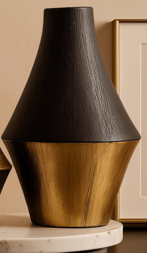 Two decorative vases with black and gold finishes on a marble base against a beige wall.