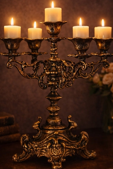Decorative candle holder with five lit candles on a dark background