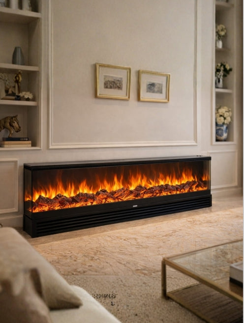 Electric fireplace in a living room setting with decorative elements.