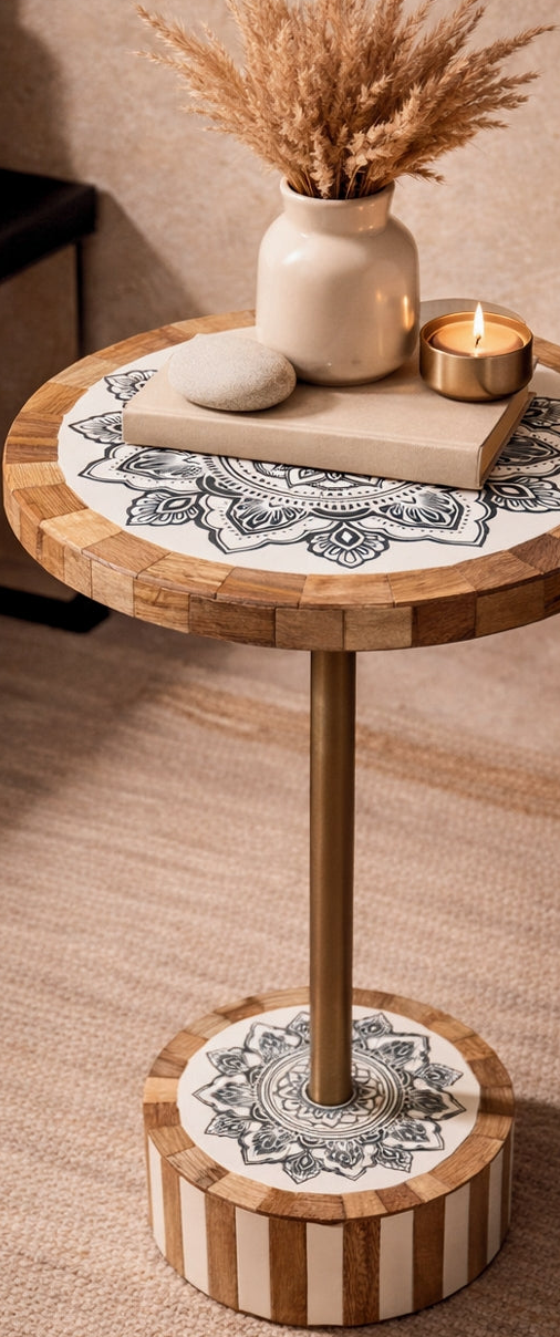 Small round wooden table with decorative elements on a carpeted floor.