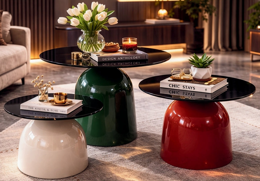Three colorful side tables with decorative items in a living room setting.